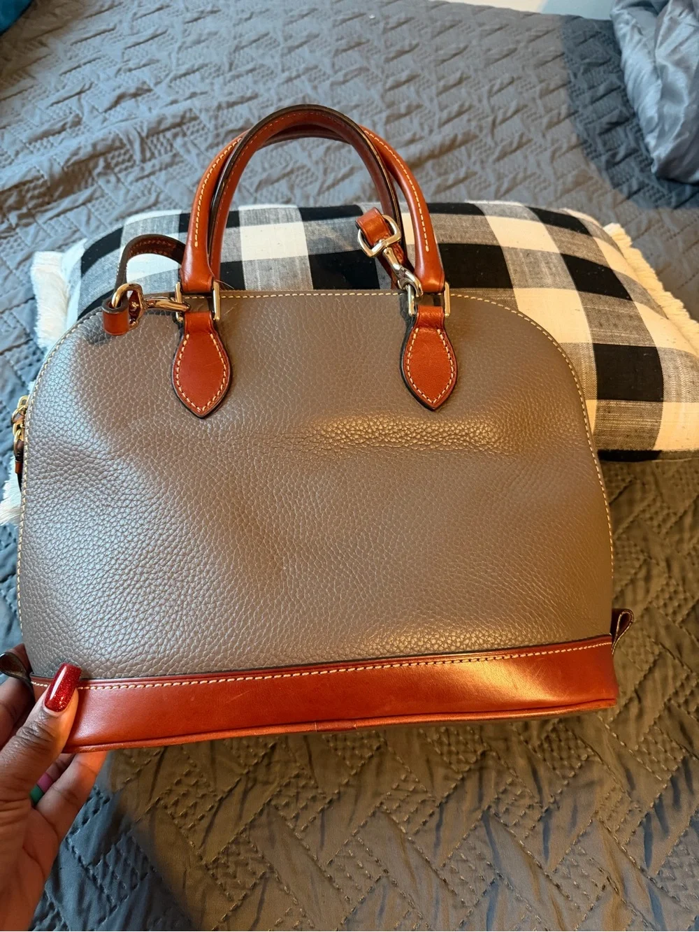 Dooney & Bourke Taupe Pebble Leather Satchel with Brown Trim